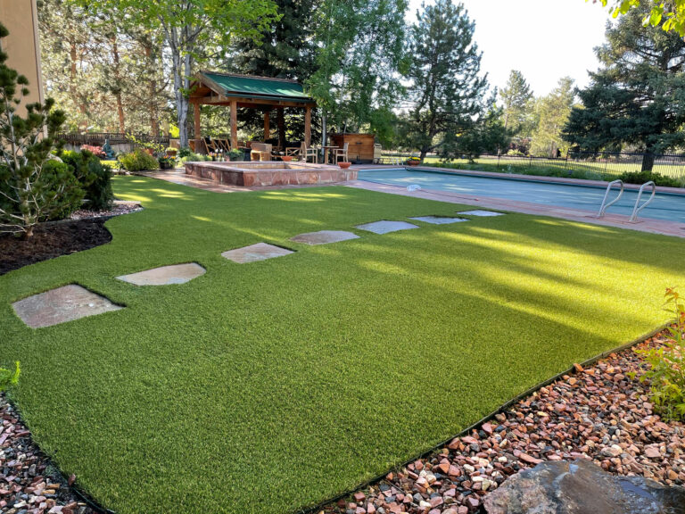 Turf in backyard with patio and pool